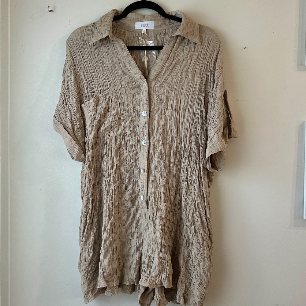 Beige Crinkle Button-Front Romper / Cover Up